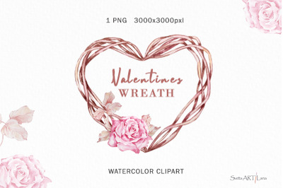 Watercolor Heart Valentine Wreath Boho Clipart