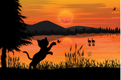 cat silhouette with sunset