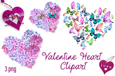 Valentines Day Hearts&2C; Watercolor pink  Hydrangeas and Butterflies