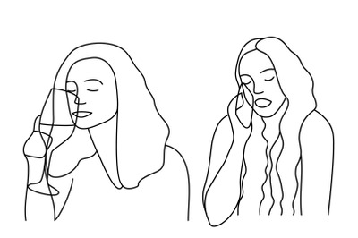 Minimalism hand drawn female vector portraits in modern abstract one l