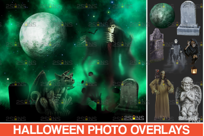 35 Halloween overlay &amp; Ghost Clipart: Photoshop overlay, gravestones