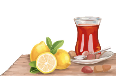 tea and lemon hand painting vector