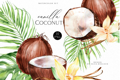 Coconut watercolor clipart,  Vanilla watercolor bouquet clipart weddin