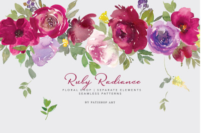 Radiance - watercolor floral clipart set: Floral border, separate elem