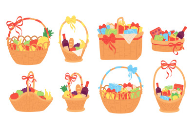 Gift basket. Wicker baskets with present boxes for christmas, food, fr