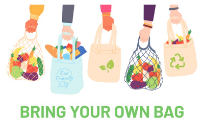 Hands hold eco bags. People bring own bag for grocery. Reusable plasti