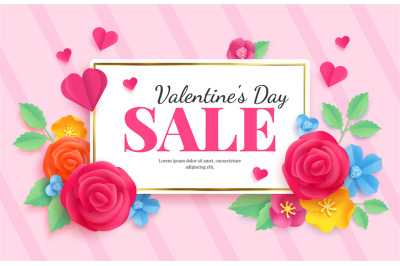 Paper art valentines sale. Love celebration voucher banner with flover