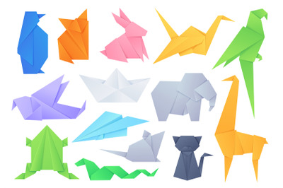 Origami animals. Geometric folded shapes for japanese game paper boat