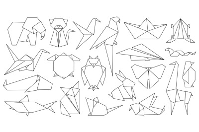 Origami line animals. Paper geometric graphic logo and icon bird, fox,