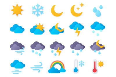 Paper cut weather icons. Symbols of rain, rainbow, sun, hot and cold t