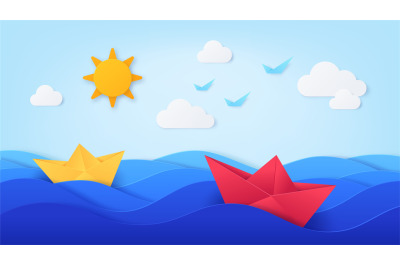 Paper sea with boats. Origami with ocean waves, ships, blue sky, sun,