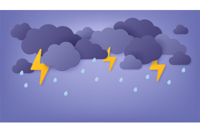 Paper cut rain. Rainy sky with cloud and thunderstorm. Origami spring