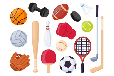 Sport equipment. Cartoon balls and gaming item for hockey, rugby, base