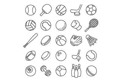 Ball sports line icons. Outline equipment for football, tennis, badmin