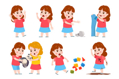 Girl bad behavior. Cartoon bully child cry, angry, fight, mocking and