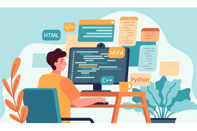 Programmer working. Program or web developer coding on computer. Scree