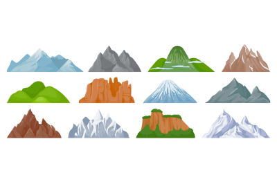 Cartoon mountains. Snowy mountain peak, hill, iceberg, rocky mount and