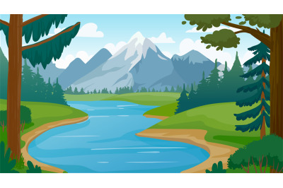 Mountain and lake landscape. Cartoon rocky mountains, forest and river