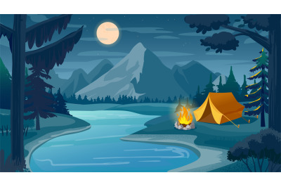 Mountain night camping. Cartoon forest landscape with lake, tent and c