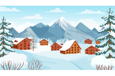 Winter mountain with cottages. Houses in snowy alpine peaks for winter