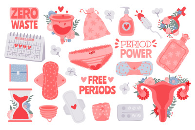 Menstruation hygiene. Female period products - tampon, pads, menstrual