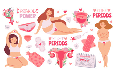 Female menstruation. Women with period and hygiene product tampon, san