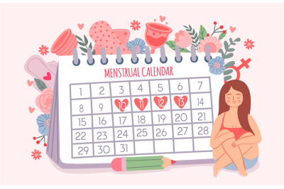 Woman and period calendar. Female check dates of menstruation cycle. C