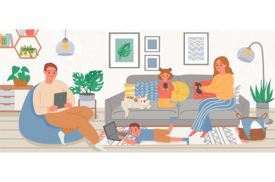 Family with gadgets. Parents and kids at home using smartphone, tablet