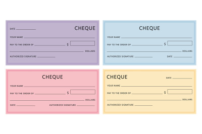 Cheque template. Blank checkbook pages mockups with empty fields. Bank