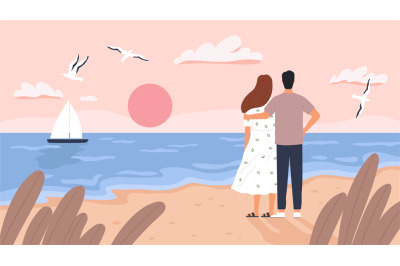 Couple at sea sunset. Man and woman on date at summer beach. Seascape