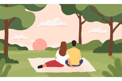 Couple in forest. Man and woman hugging and looking at sunset in park.