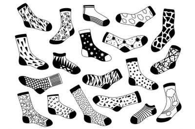 Sock sketch. Hand drawn long and short trendy socks with stars&2C; lines