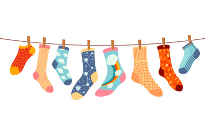 Socks on rope. Cotton or wool sock dry and hang on laundry string with