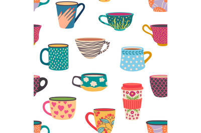 Coffee mug seamless pattern. Trendy hand drawn tea cups with ornaments