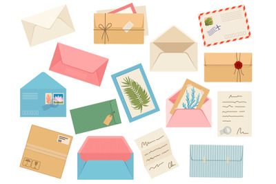 Letters, cards and envelopes. Postcard, paper mail with postmark, wax