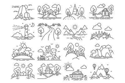 Line icon landscape. Outline cabin in forest, mountain, sea linear, ai