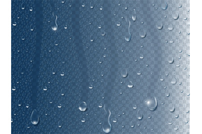 Rain drops on window. Realistic 3d condensation water drop and vapor b