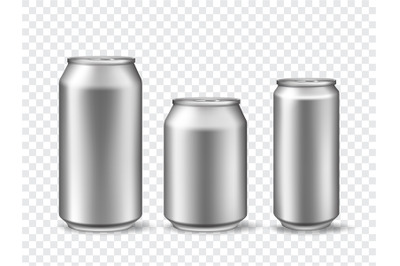 3d aluminum cans. Realistic can mockups in 3 size. Metallic tin for be