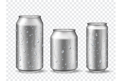 Cans with condensation. Cold aluminum beer, energy drink or lemonade c