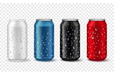 Metal cans with drops. Realistic aluminium can mockup in white&2C; red&2C; b