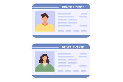 Drivers id card. Woman and man driving licences with photo. Flat plast