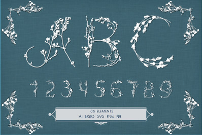 Letters and numbers from plant silhouettes
