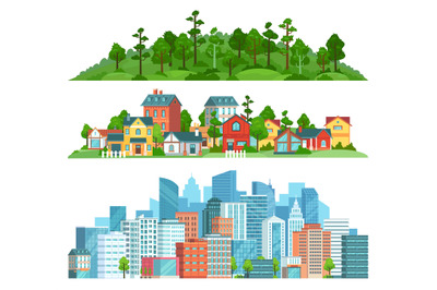 Nature, suburban landscape and cityscape isolated illustration set