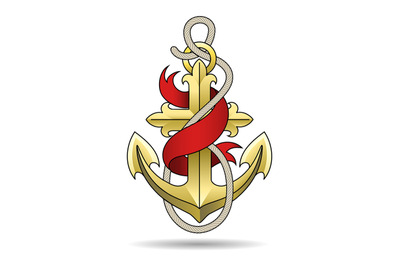 Golden Anchor with Ribbon Colorful Illustration