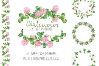 Watercolor clover wreaths and frames. Floral cliparts