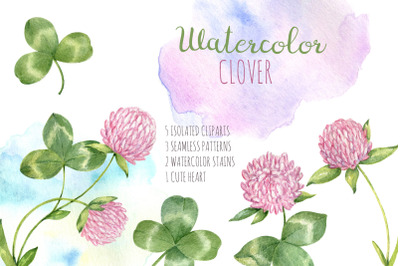 Watercolor cliparts set. Pink clover flowers and leaves