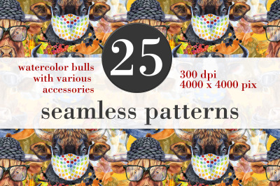 Seamless pattern of watercolor bulls