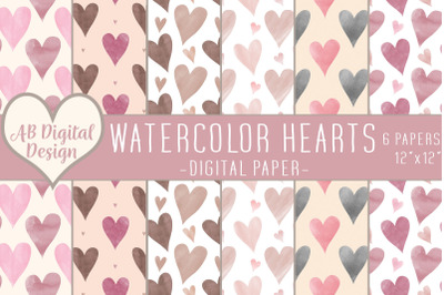 Valentines Digital Paper Backgrounds, Boho Watercolor Hearts, Romantic