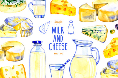 Milk and cheese - watercolor clipart