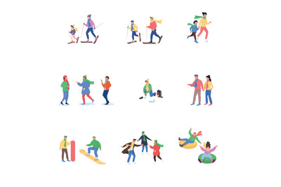 Winter fun activity flat color vector faceless character set